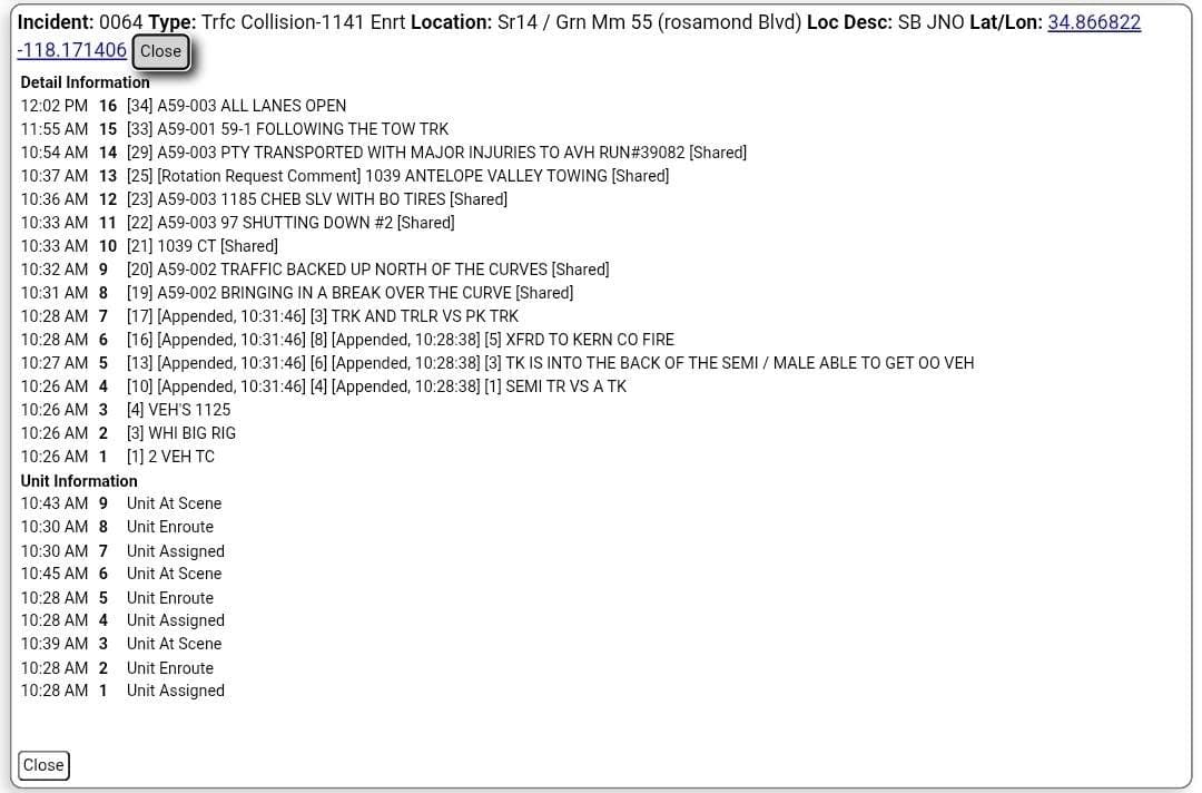 11-79....southbound 14 just north of Rosamond Blvd....pickup truck hit back of semi...