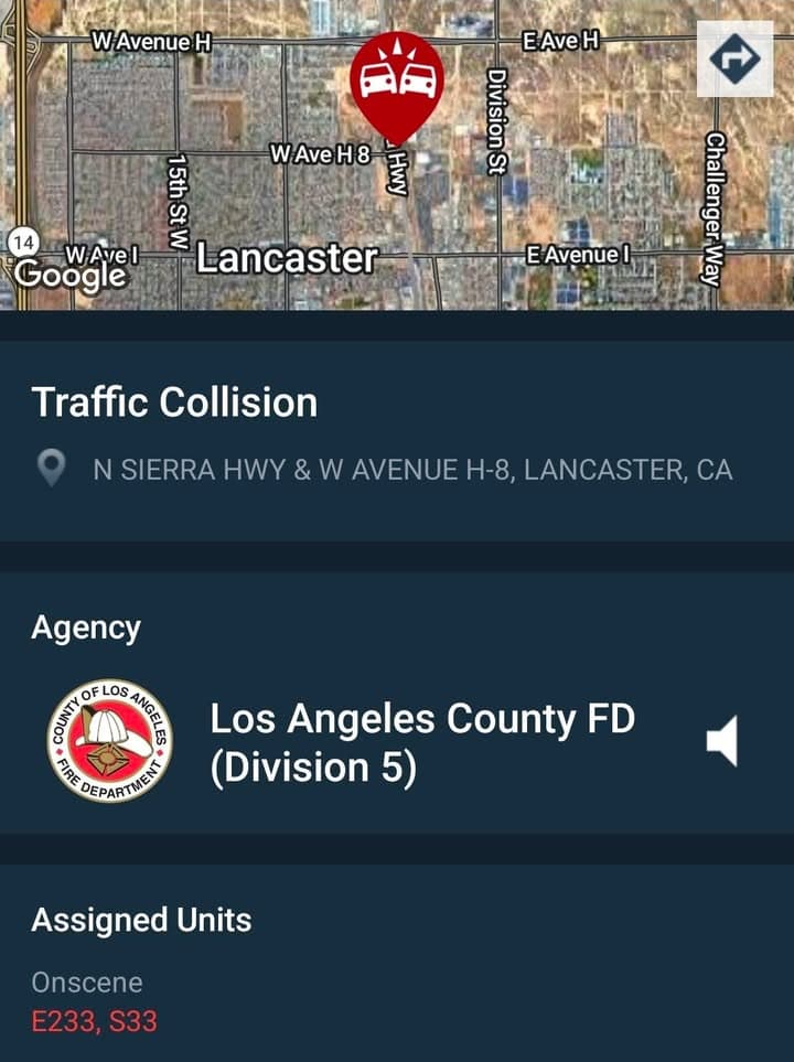 902T/902R....Sierra Highway and Avenue H-8....green Honda vs pole....sheriff and FD enroute code...