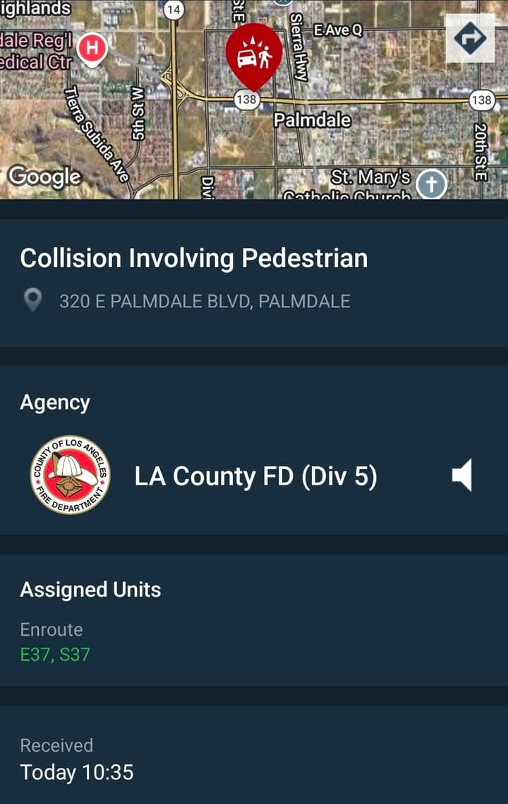 902T/902R.....320 East Palmdale Boulevard at Tarzana Treatment....vehicle vs pedestrian in rear parking...