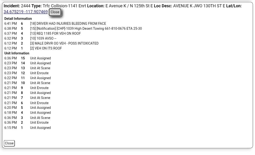 11-79....Avenue K and 130th Street East....solo vehicle rollover....CHP and FD enroute code...