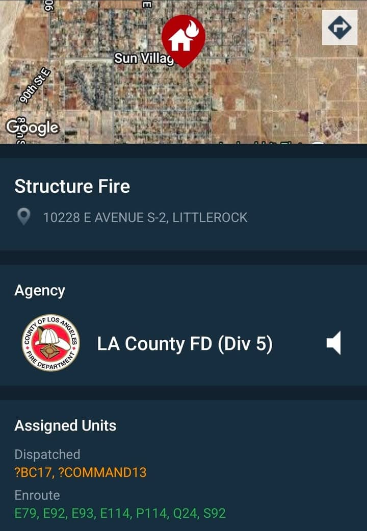 904S....103rd Street East and Avenue S-2....reported structure on fire....sheriff and FD enroute...