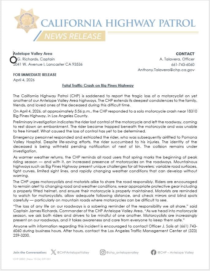 Fatal Traffic Crash on Big Pines Highway The California Highway Patrol (CHP)...