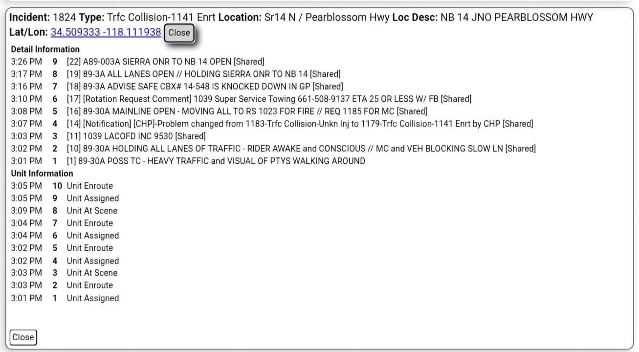 11-83....Northbound 14 at Pearblossom Highway....CHP officer has visual of possible collision, advises...