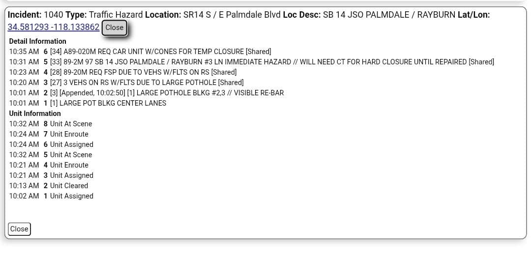 11-25....Southbound 14 just south of Palmdale Blvd....large pot hole, multiple vehicles with...