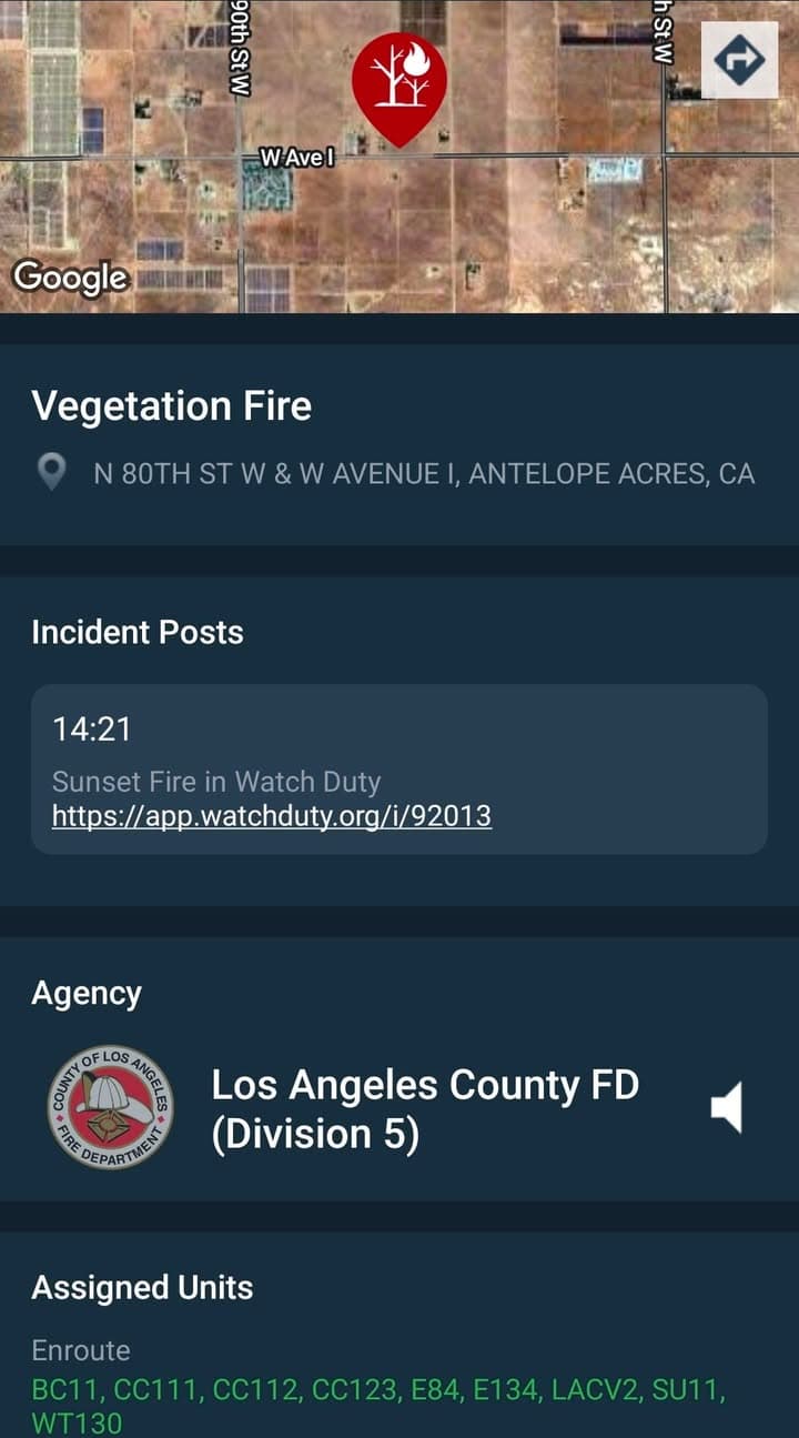 Vegetation fire....Avenue I and 80th Street West....fire currently at 1/4 acre....all resources...
