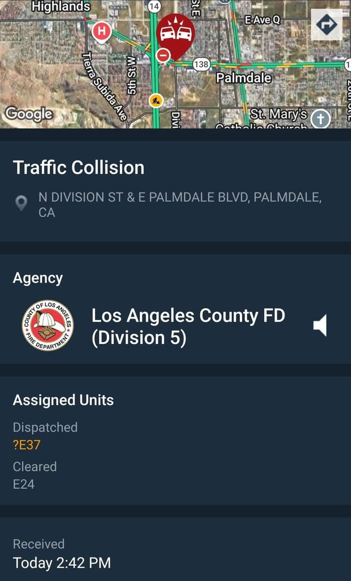 901T/902R....Division Street and Palmdale Boulevard.....two vehicle collsion with injuries....sheriff and FD enroute...