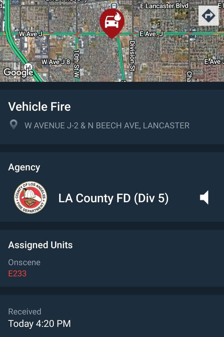 904A....Avenue J-2 and Beech....van on fire behind motel....sheriff and FD enroute code...