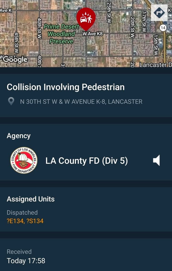 902T/902R....30th Street West and Avenue K-8....vehicle vs pedestrian....sheriff and FD enroute code...