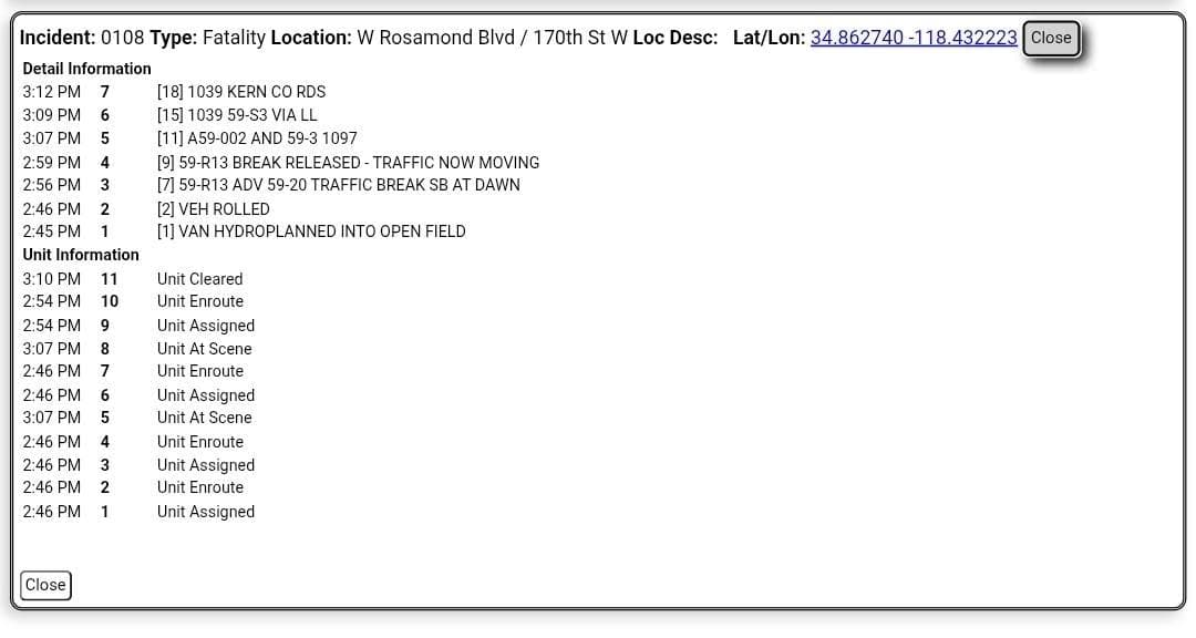 ****CONFIRMED FATALITY**** 11-79....170th Street West and Rosamond Blvd....van overturned, landed in field....CHP...