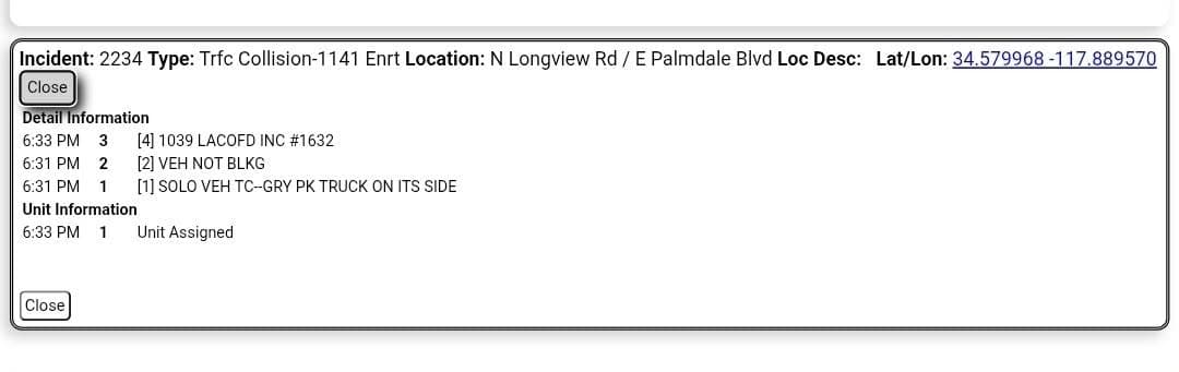 11-79.....Palmdale Boulevard and Longview Road....gray pickup truck on its side....CHP and FD...