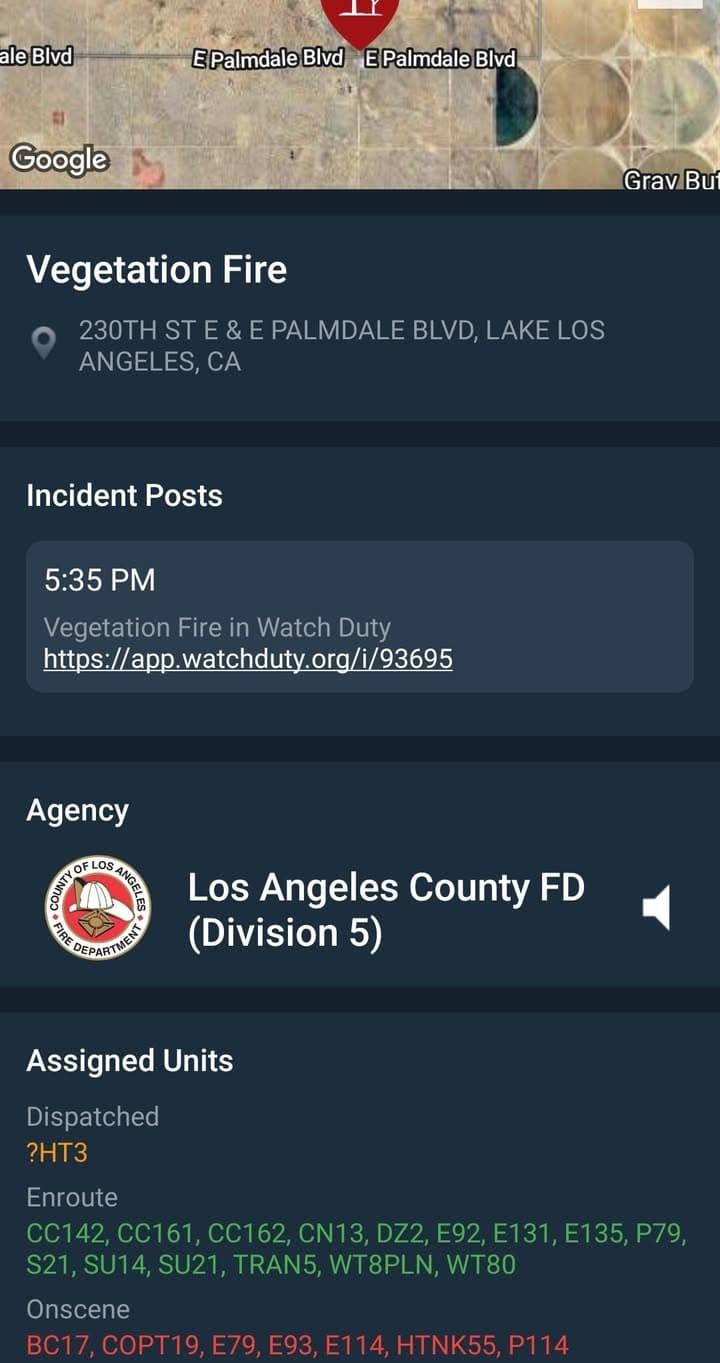 904B....230th Street East and Palmdale Boulevard....brush fire in area....CHP and FD enroute...