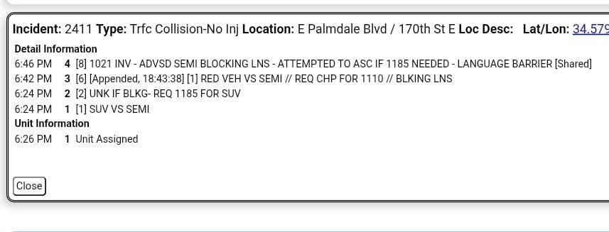 11-82....170th Street East and Palmdale Boulevard....SUV vs semi truck....no injuries....CHP enroute UPDATE:...