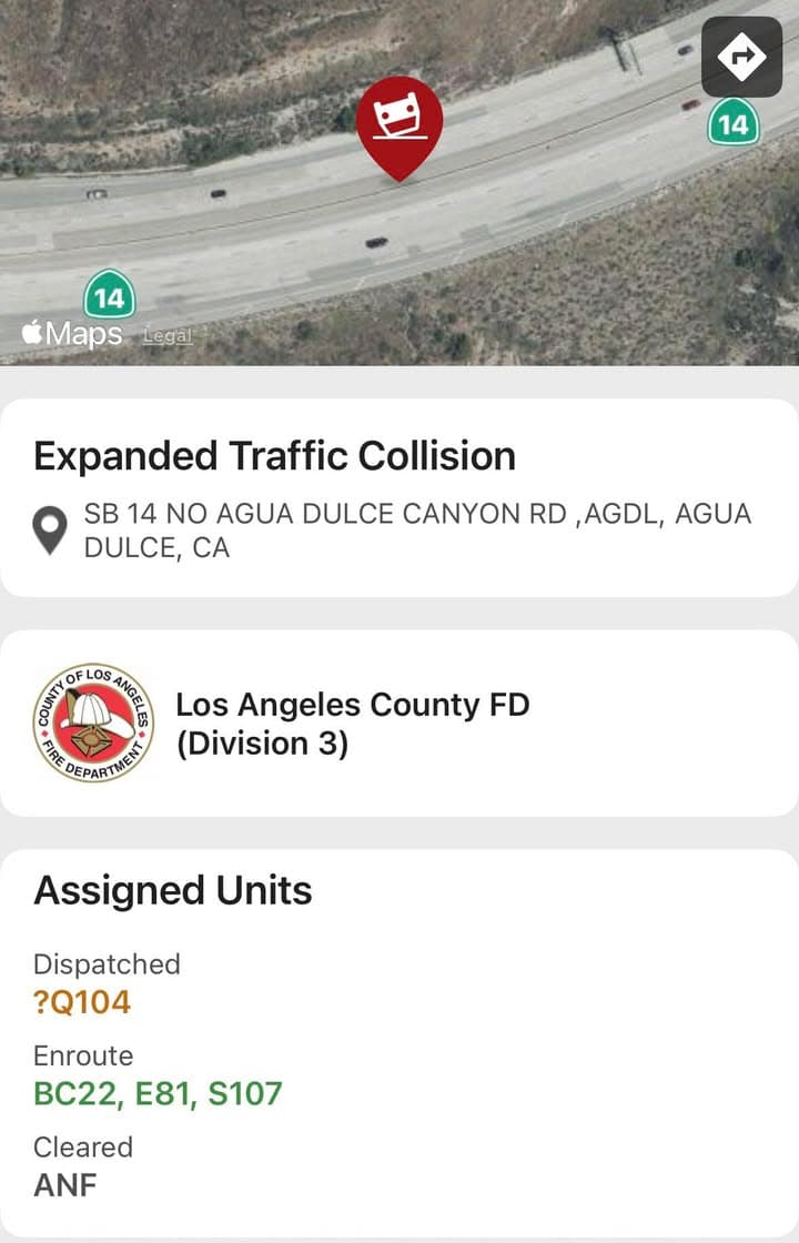 11-79…SB14 approaching Agua Dulce Canyon Rd…solo vehicle traffic collision…vehicle overturned…CHP and FD...