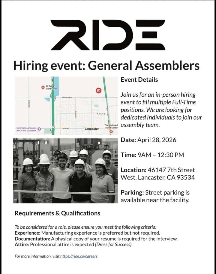 RIDE hiring event on April 28th, 9am to 12:30pm