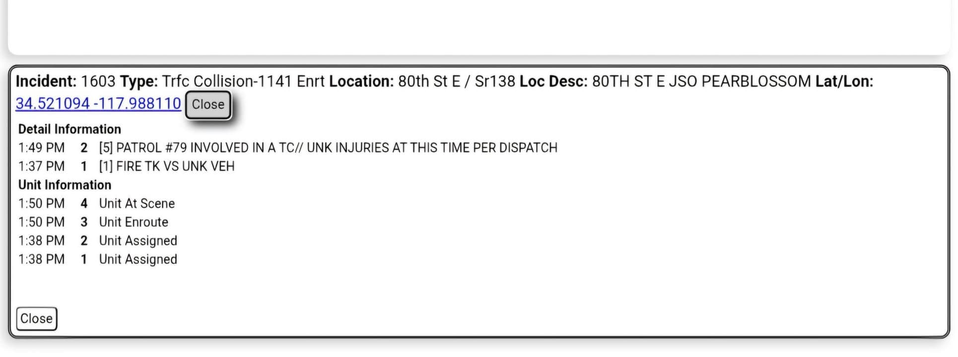 11-79....80th Street East south of Highway 138....FD involved in collision with another...