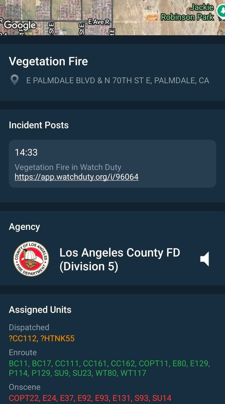 904B....70th Street East and Palmdale Boulevard....fire in field....FD enroute code 3 UPDATE:...