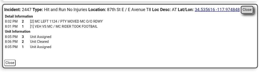 20002(non injury hit and run).....87th Street East and Avenue T-8.....vehicle vs motorcycle,...