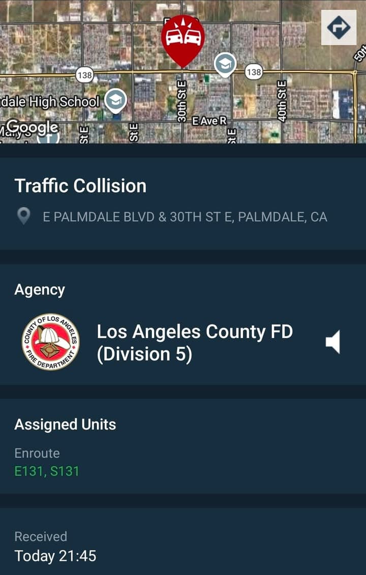 901T/902R....30th Street East and Palmdale Boulevard....two vehicle collision....sheriff and FD enroute code...
