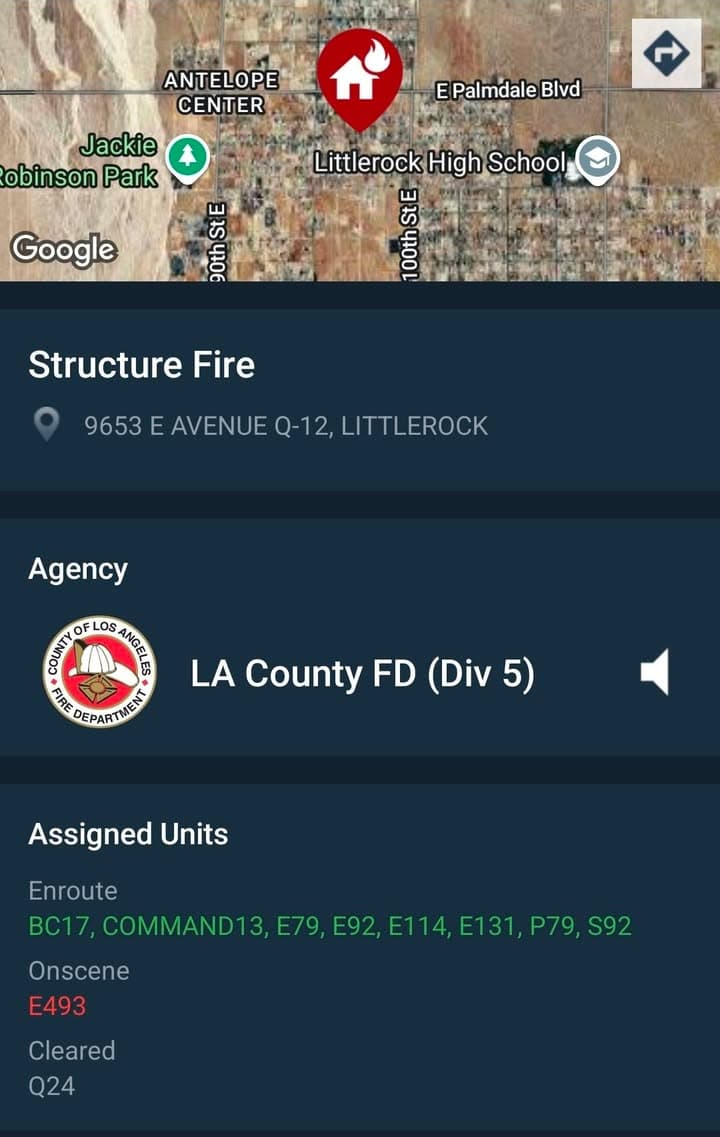 904S....97th Street East and Avenue Q-12....reported structure fire....sheriff and FD enroute code...