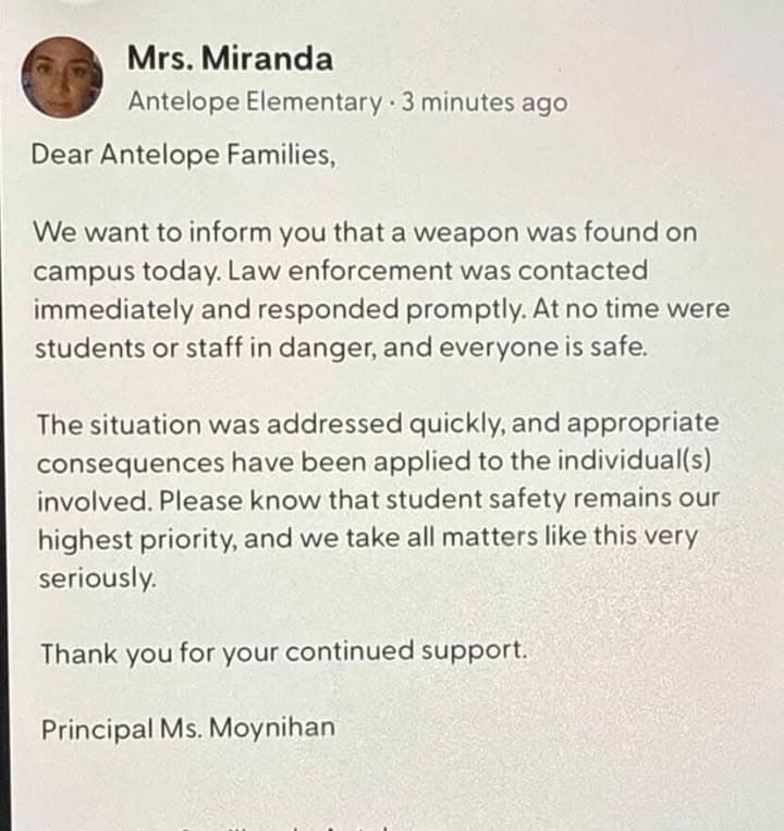 Weapon found on campus today at Antelope Elementary