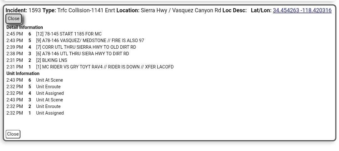 11-79.....Vasquez Canyon Road and Meadstone Road....motorcycle vs gray Toyota Rav 4....CHP and...
