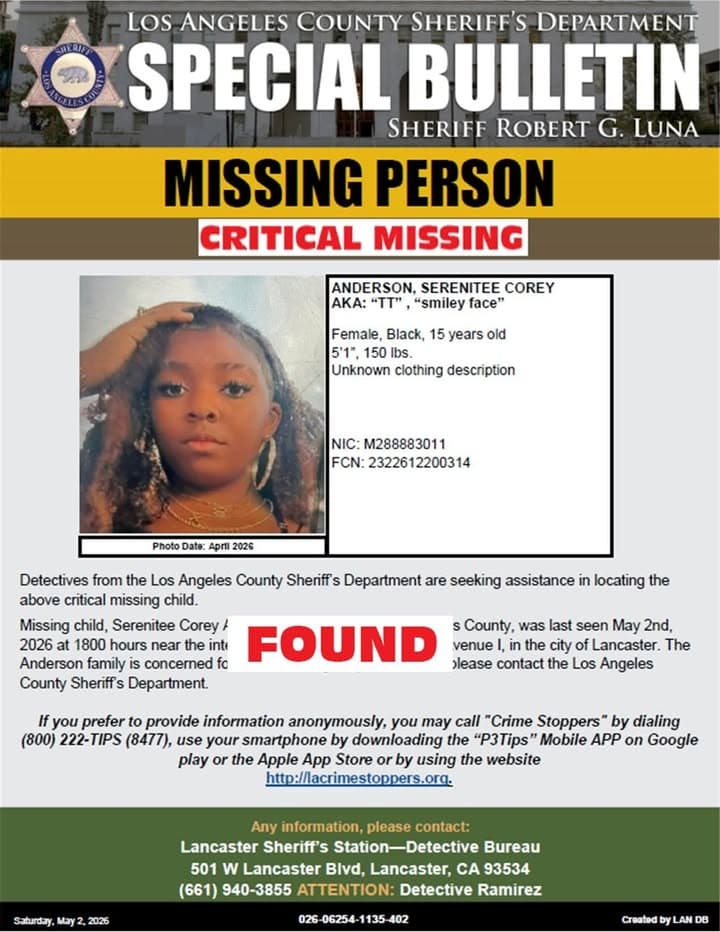 *UPDATE* #LASD is Advising Critical Missing Juvenile, Serenitee Corey Anderson (AKA "TT"...