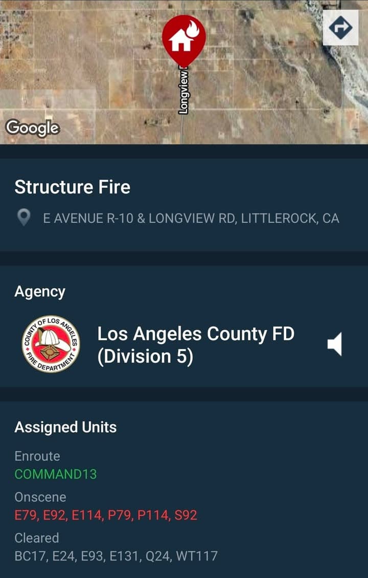 904S....Avenue R-10 and Longview Road....reported structure fire....sheriff and FD enroute code 3...
