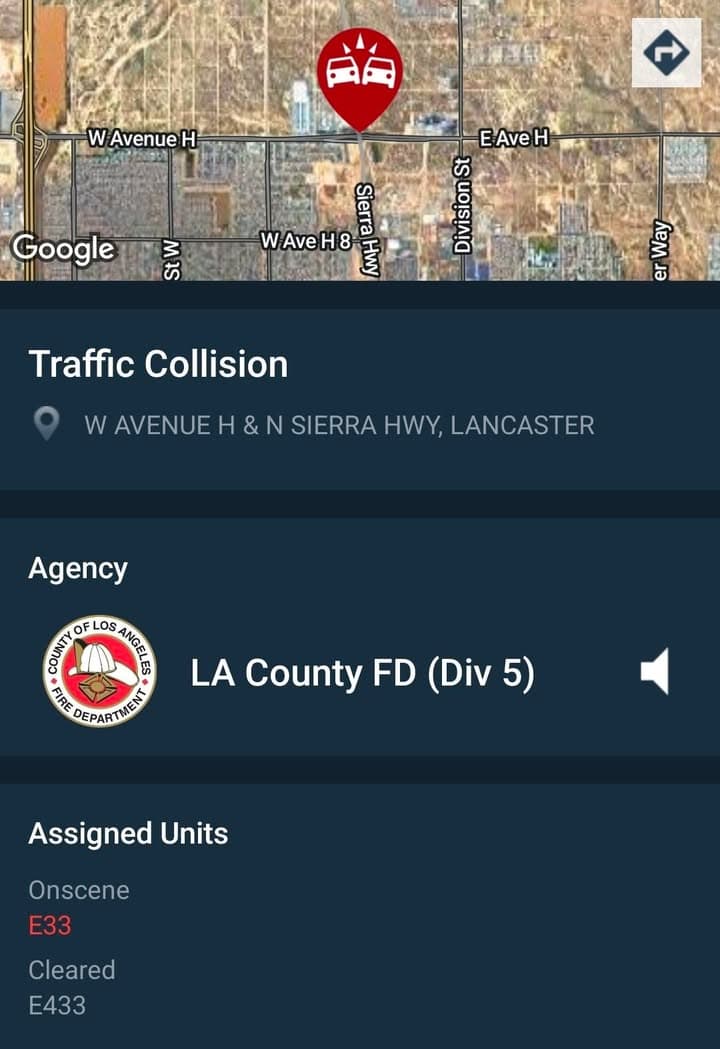 902T/902R....Sierra Highway and Avenue H....Engine 33 on scene of a two vehicle...