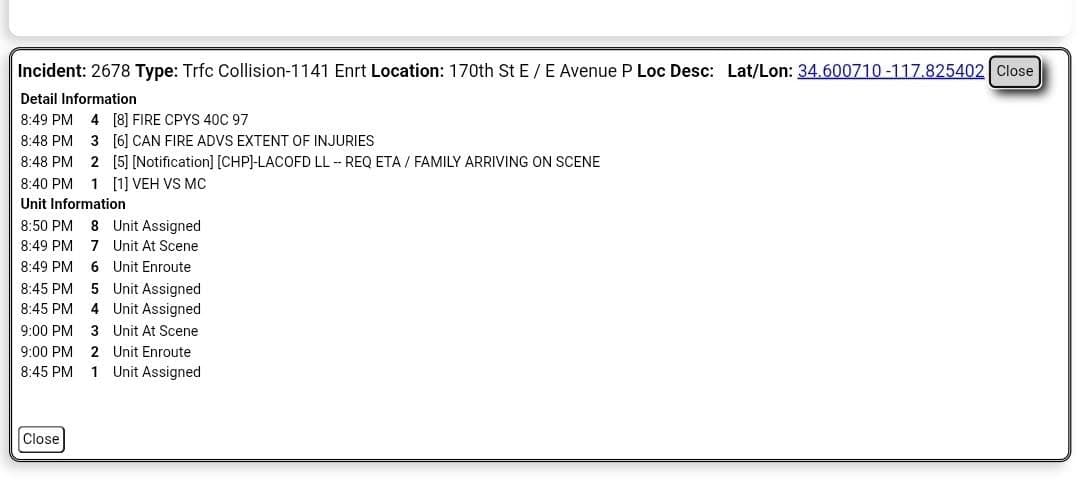 11-79....170th Street East and Avenue P....vehicle vs motorcycle.....CHP and FD enroute code...