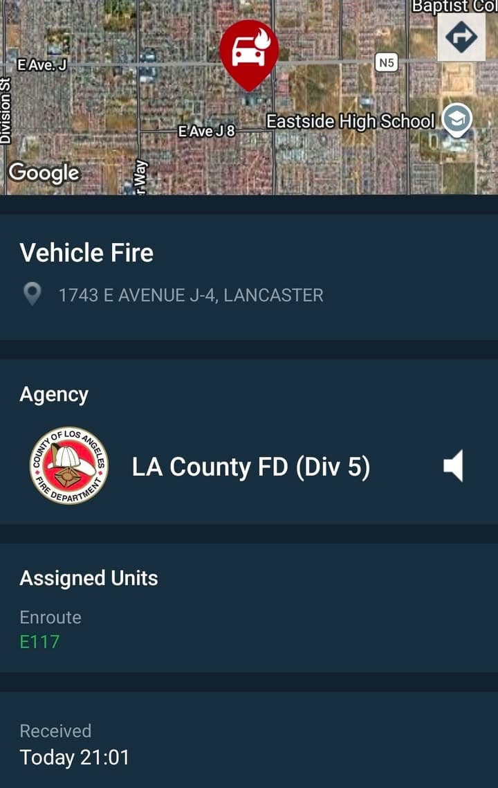 904A....1743 East Avenue J-4....vehicle on fire....sheriff and FD enroute code 3