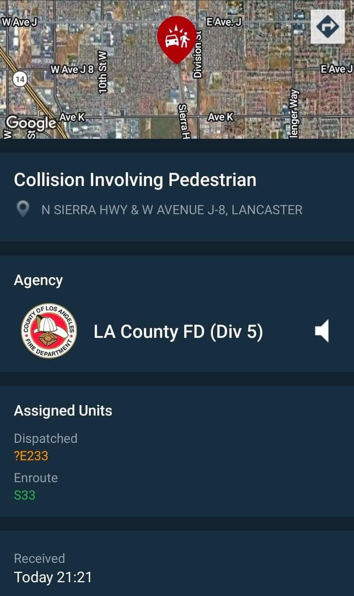 ****POSSIBLE FATAL**** 480....Sierra Highway and Avenue J-8.....vehicle vs pedestrian, vehicle fled....sheriff and...