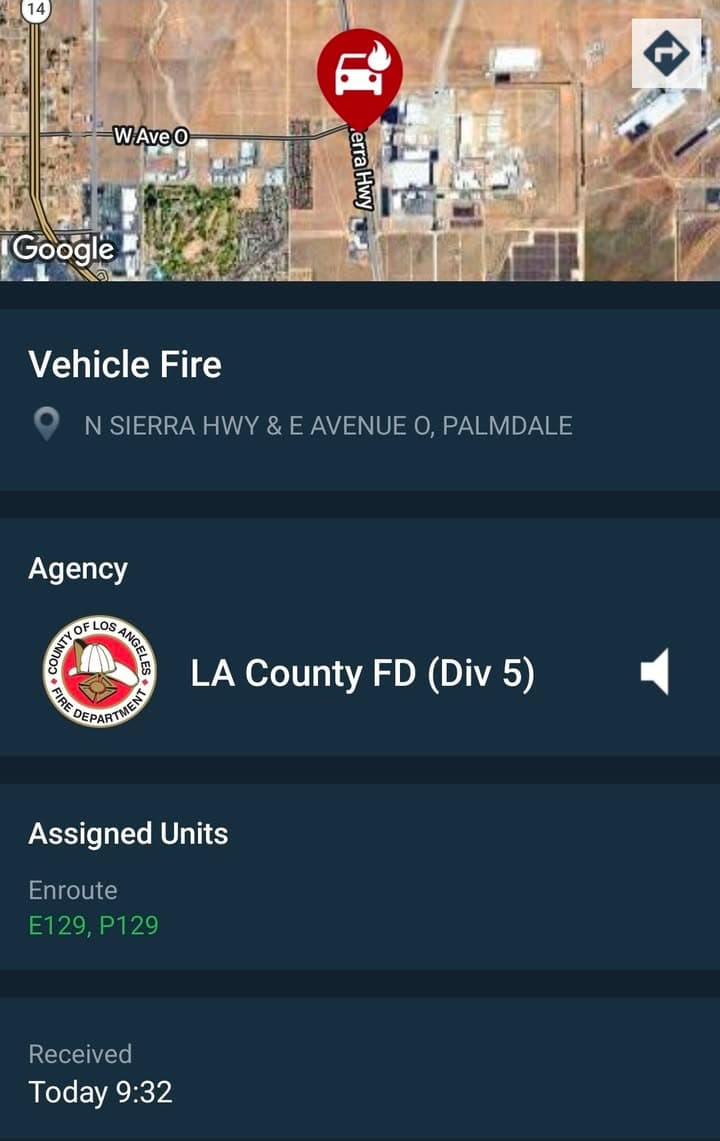 904A....Sierra Highway and Avenue O.....vehicle on fire....sheriff and FD enroute code 3...