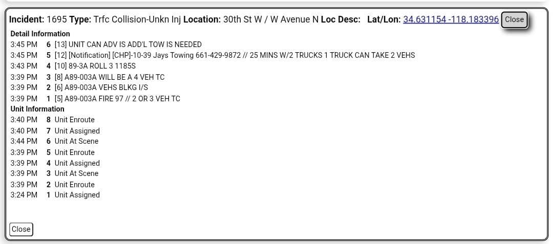 11-83....30th Street West and Avenue N....two to three vehicle collision....CHP and FD...