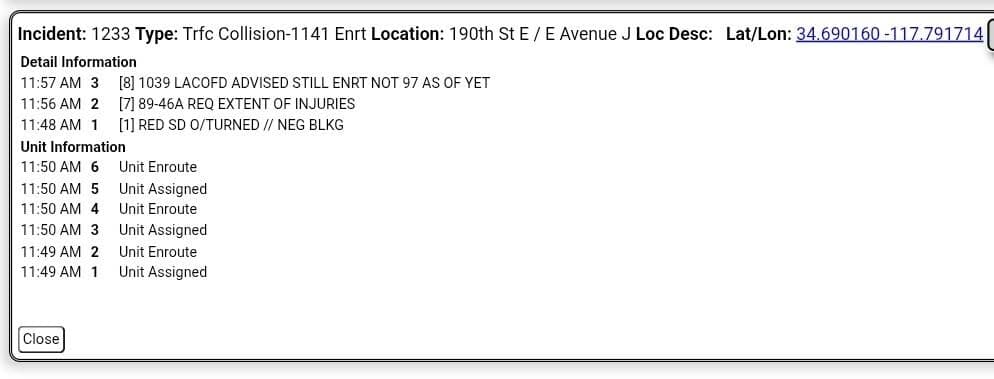 11-79....190th Street East and Avenue J....red sedan overturned....CHP and FD enroute code...