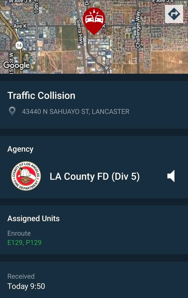 902T/902R....43440 Sahuayo Street....gray Toyota SUV vs tree.....sheriff and FD enroute code 3...