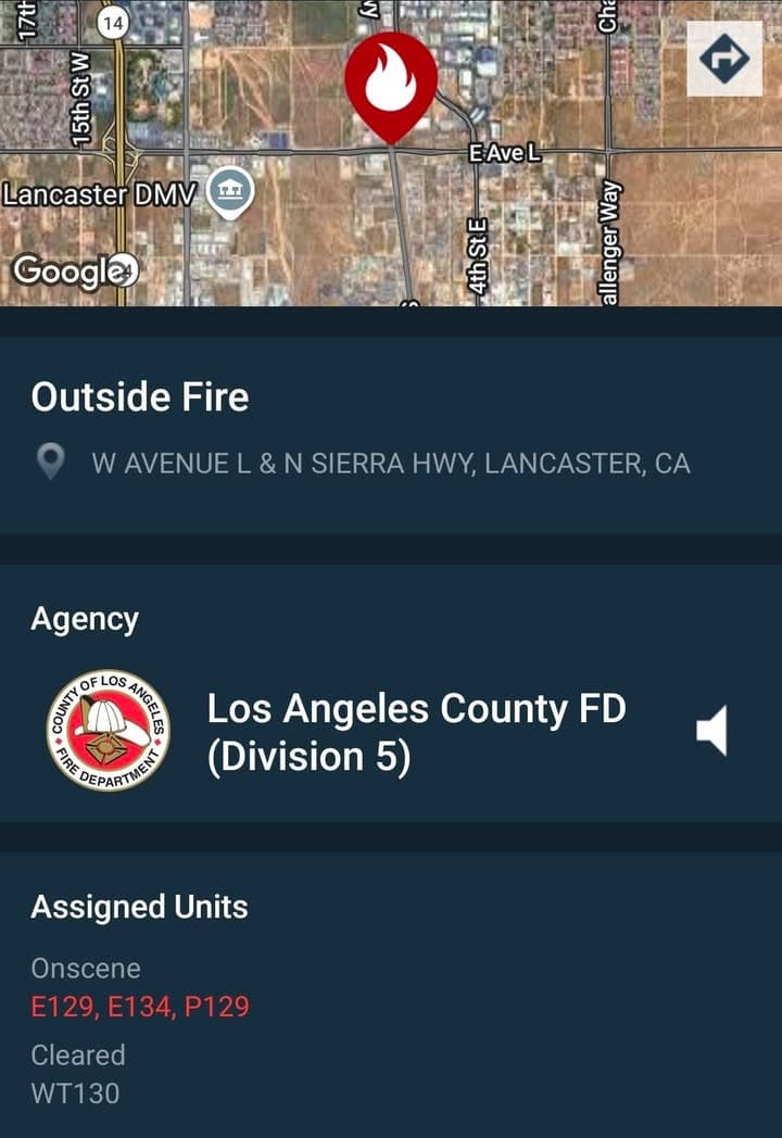 904B....Avenue L and Sierra Highway....fire in field behind businesses....sheriff and FD enroute...