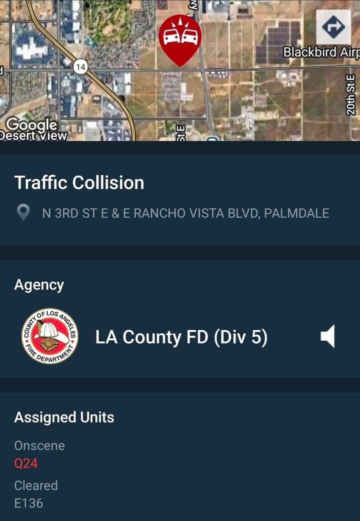 902T/902R.....3rd Street East and Rancho Vista Blvd....two vehicle collision....sheriff and FD enroute...