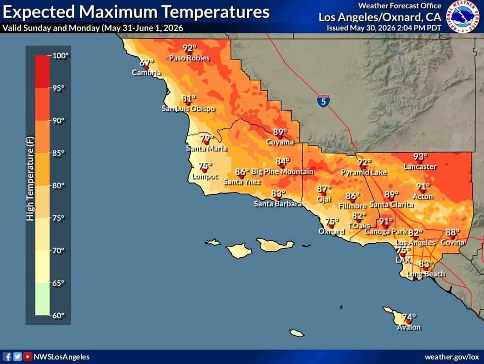 Well through Monday, it's looking warm and dry across Southwestern California. Afternoon...