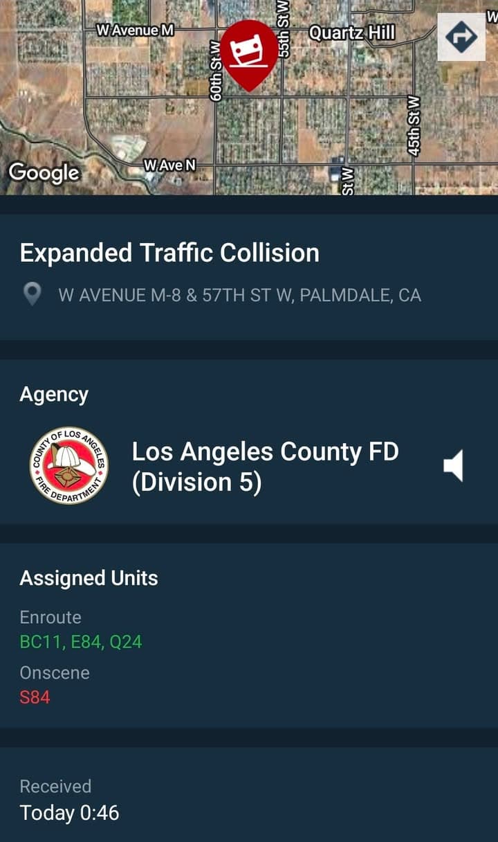 902T/902R....Avenue M-8 and 57th Street West....solo vehicle into pole, one occupant trapped....sheriff...