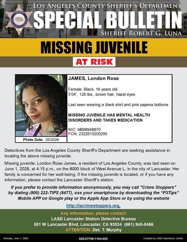 #LASD is Asking for the Public's Help Locating At-Risk Missing Juvenile, London...