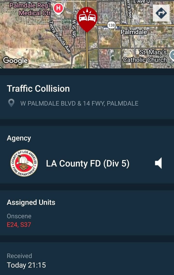 902T/902R....Palmdale Boulevard at 14 Fwy....solo vehicle collision on Palmdale Blvd.....sheriff and FD...