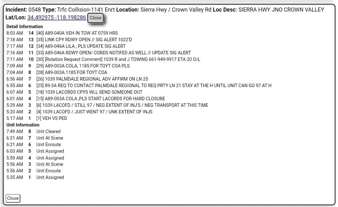 VEHICLE VS PEDESTRIAN – CROWN VALLEY / SIERRA HWY Just after 5:17...