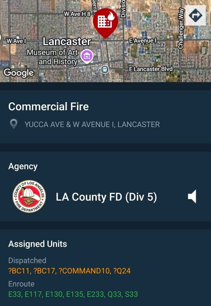 904S....Avenue I and Yucca....reported commercial building fire....sheriff and FD enroute code 3...