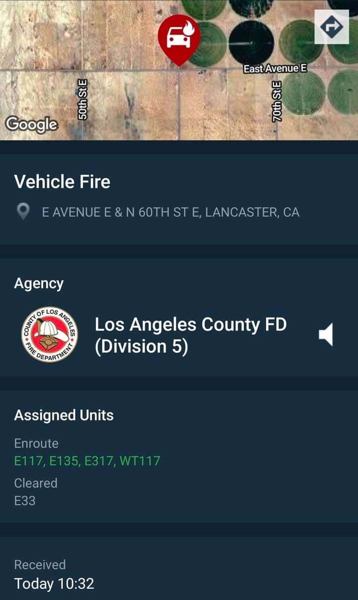 Reported motorhome on fire....Avenue E and 60th Street East.....FD enroute code 3...