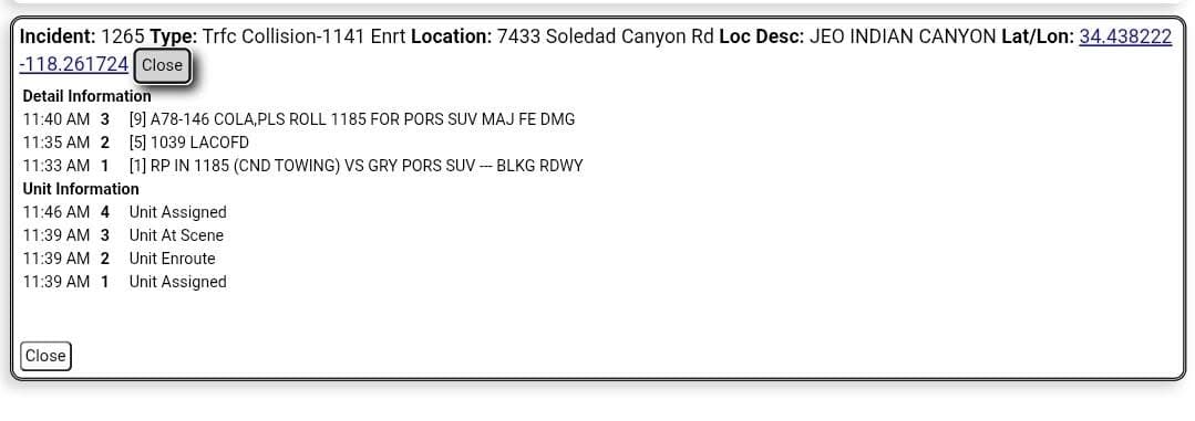 11-79....Soledad Canyon and Indian Canyon Road....C&D tow truck vs gray Porsche SUV....CHP...