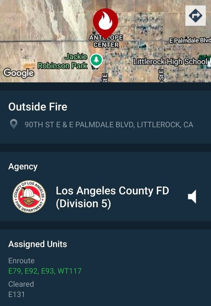 904A....90th Street East and Palmdale Boulevard....reported RV on fire....sheriff and FD enroute...