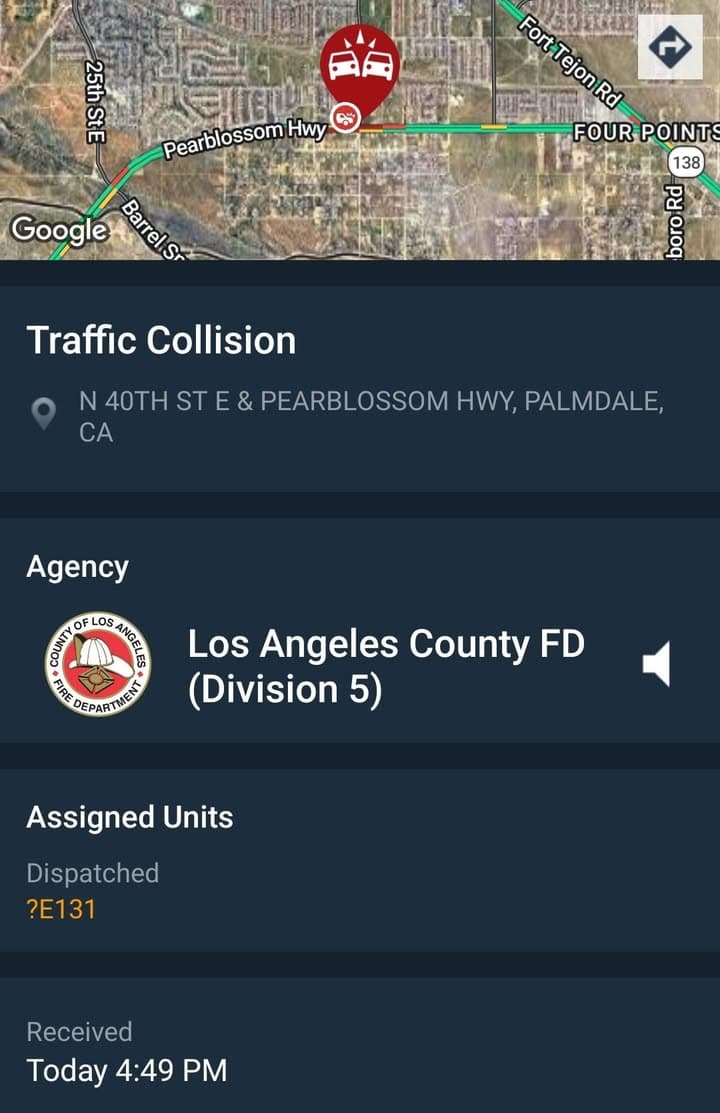 902T/902R ....40th Street East and Pearblossom Highway....two vehicle collision.....sheriff and FD enroute...