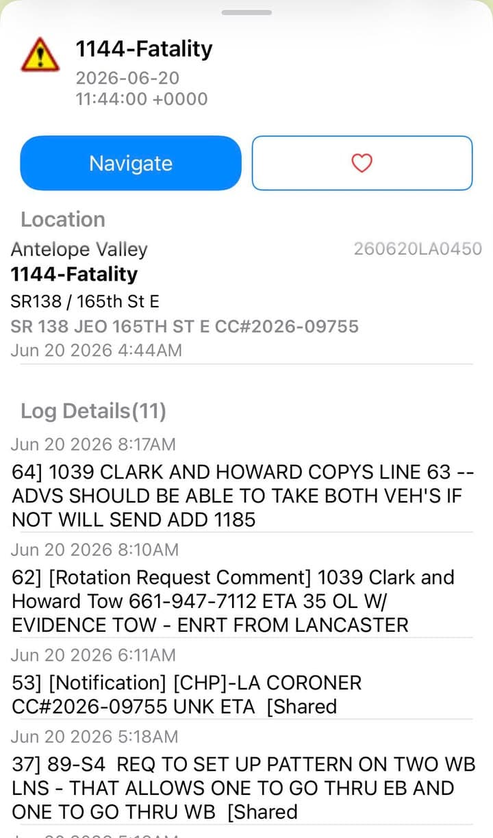 ****CONFIRMED FATALITY**** 11-44…165th Street East and Pearblossom Highway At 4:44am, 911 calls...