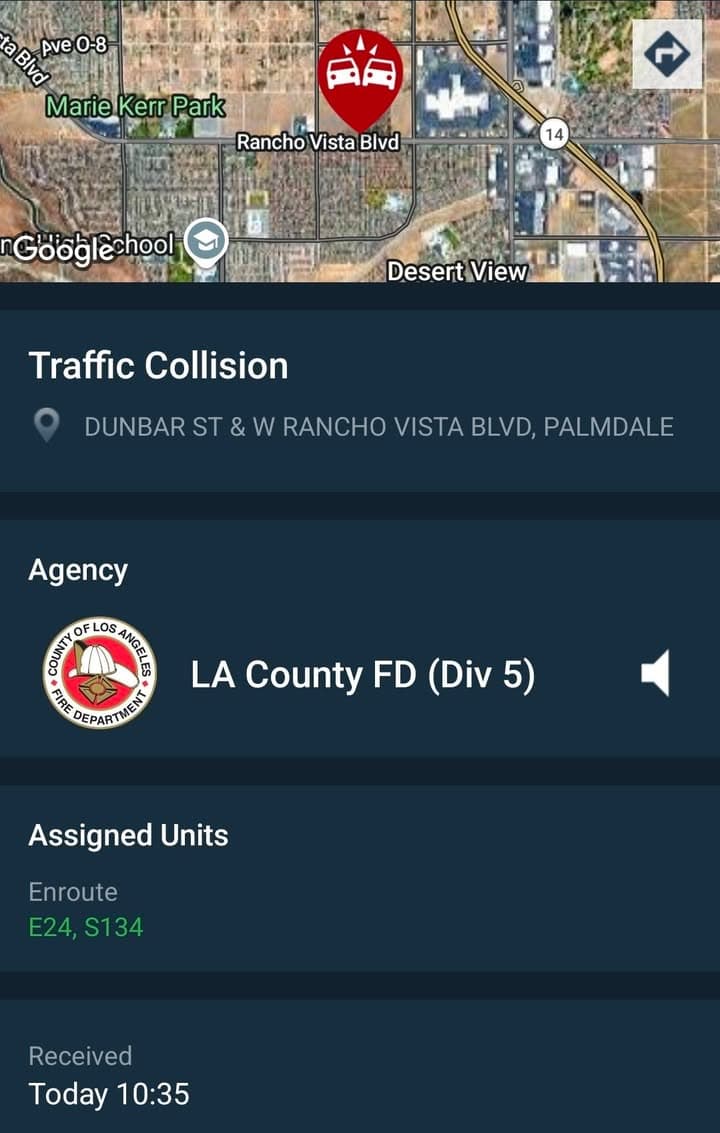 902T/902R....Dunbar and Rancho Vista Blvd....two vehicle collision....sheriff and FD enroute code 3...