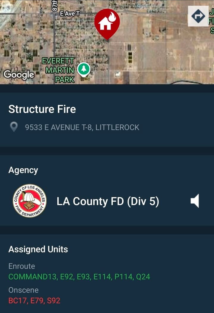 904B.....96th Street East and Avenue T-8....large brush fire next to callers home.....sheriff...